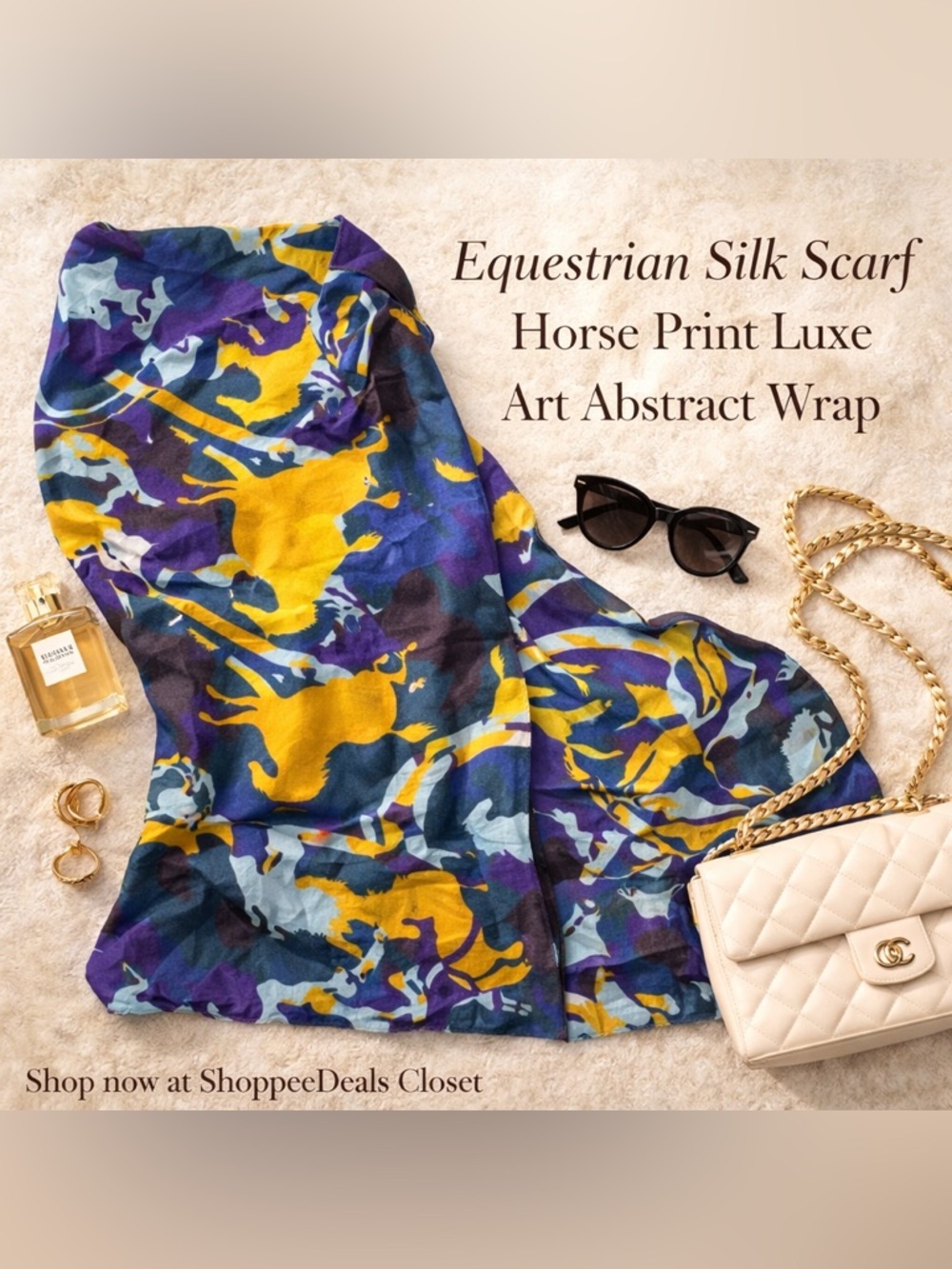 Equestrian Horse Print Silk Scarf Multicolor Abstract Wrap Shawl